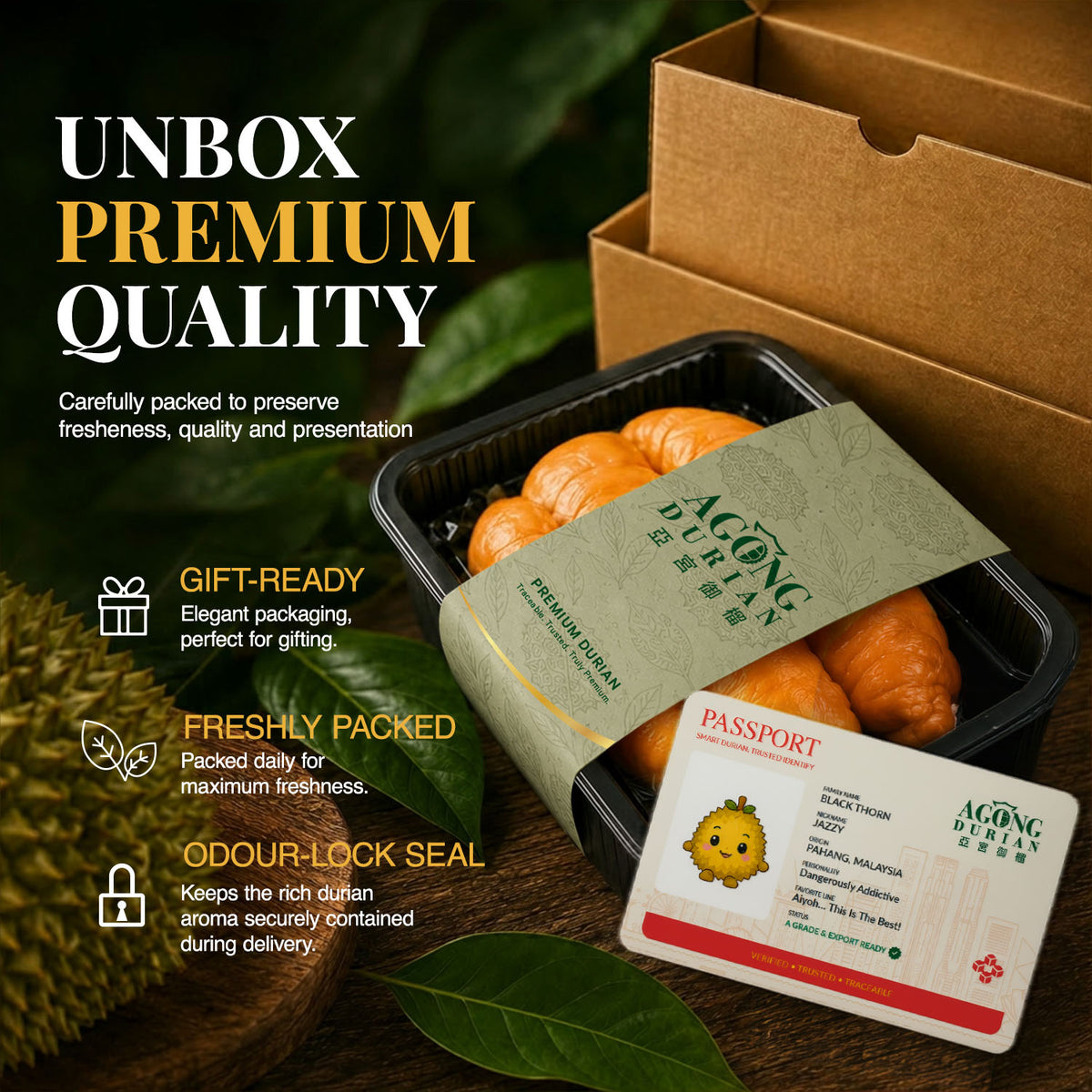 AGONG Durian Black Thorn 400g — Fresh Dehusked Flesh